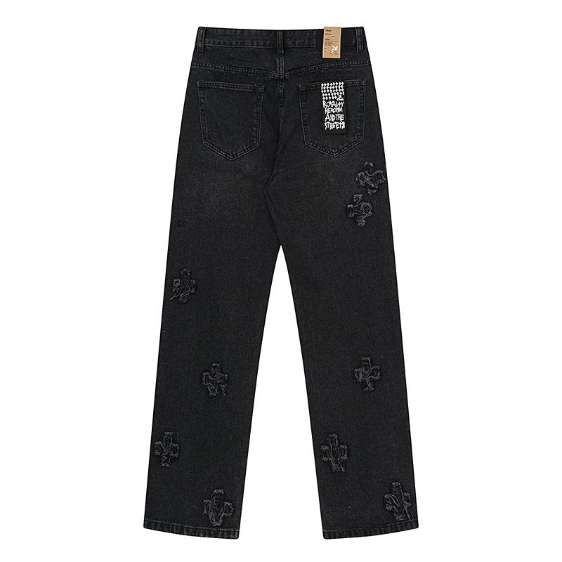 Ksubi Black Distressed Cross Embroidered Straight-Leg Jeans