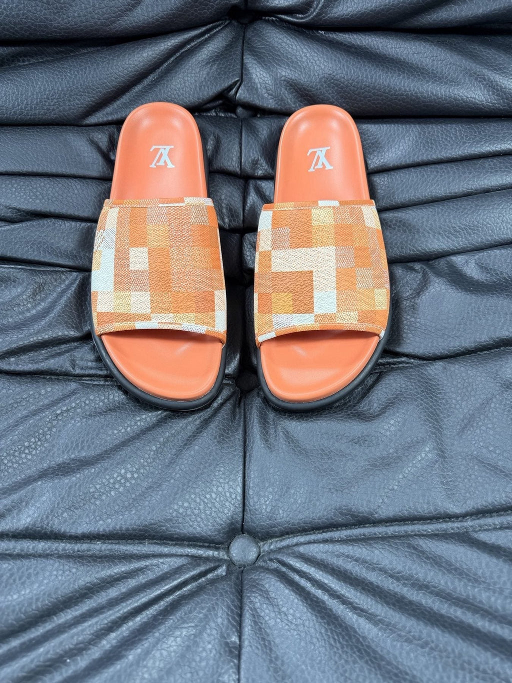 Louis Vuitton Slate Blue Checkered Slide Sandals